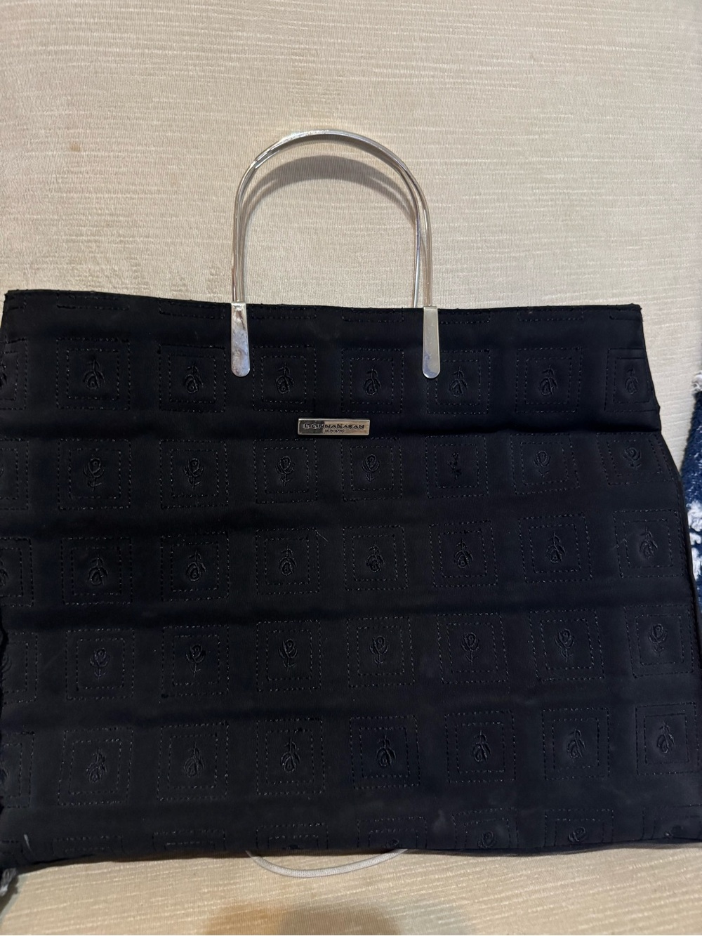 Donna Karan New York Vintage Black Embroidered Rose Tote Silver Metal Handles